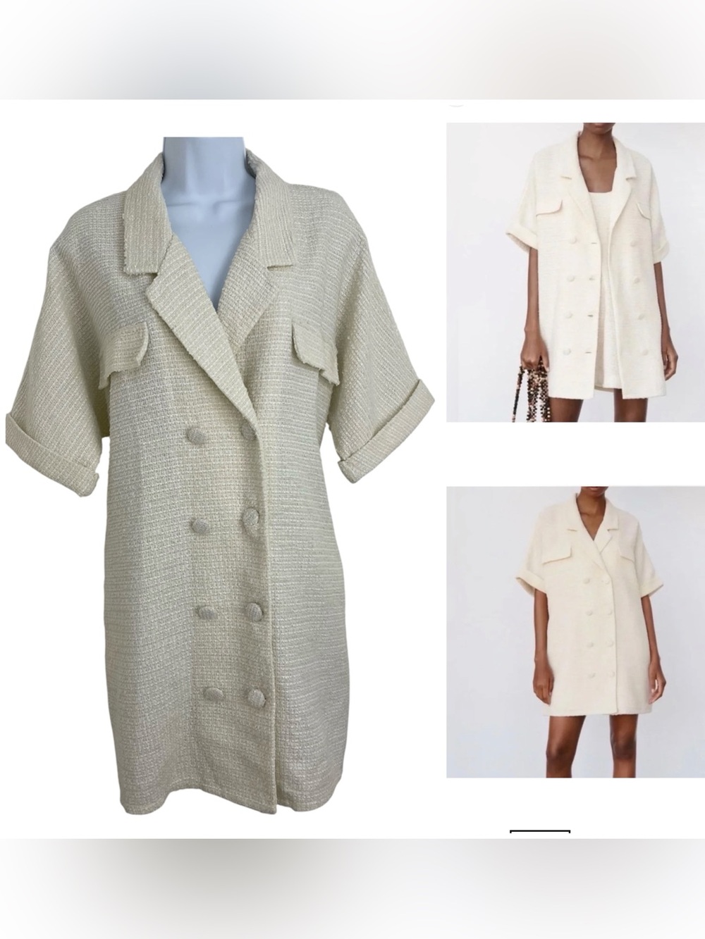ZARA Textured Tweed Blazer Dress Women's Sz M Preppy Mini Dress Cream White